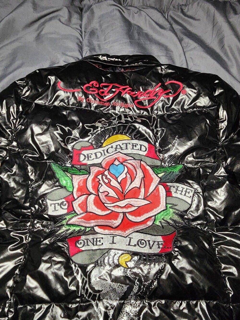Ed Hardy Women's Skull Roses Puffer Jacket Down Feather Rare Y2K Vintage XLarge